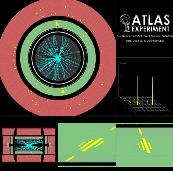Рис. 1. Пример события рождения двух фотонов высокой энергии в детекторе ATLAS, которое могло произойти через промежуточное рождение и распад хиггсовского бозона