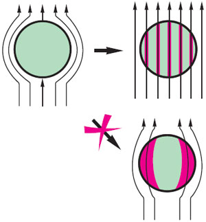Рис. 19. Сверхпроводящий шар в магнитном поле. Небольшое магнитное поле полностью выталкивается из шара. В достаточно большом магнитном поле возникает промежуточное состояние. Через нормальные области проходят силовые линии поля. Области, в которых сохраняется сверхпроводимость, закрашены зеленым