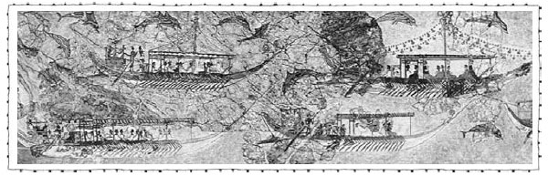 Деталь фрески «Флотилия» в Акротири на острове Санторини. Изображение относится к минойской цивилизации около 1500г. до н. э.