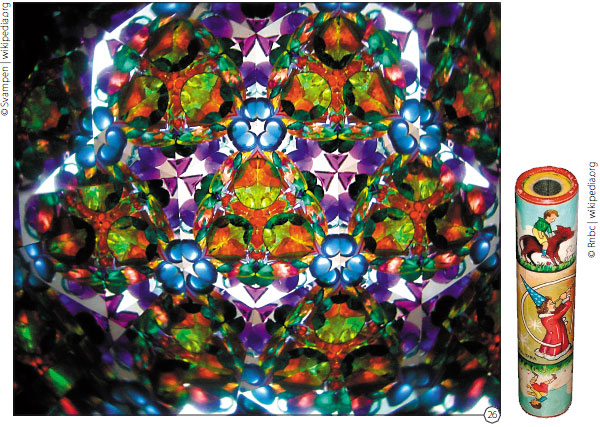 Самые обычные цветные стеклышки, если они спрятаны внутри детской игрушки «Калейдоскоп», могут складываться в такие вот поразительные по красоте узоры, похожие на витражи и мозаику. На самом деле, никакого такого узора на донышке калейдоскопа нет. Просто свет, проходящий через прозрачные стеклышки, многократно отражается в зеркальных пластинках, встроенных в трубку калейдоскопа. И мы видим размноженное сочетание стеклышек, что случайно сложилось на донышке. Всего лишь игра цвета и света. Но сколько удовольствия!