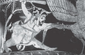 Пигмей, изображенный с ахондроплазией. Аттический краснофигурный ритон, ок. 480 г. до н.э.