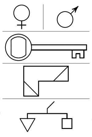 Рис. 108. Один из этих рисунков лежит перед вами на столе; вам нужно нарисовать то, что видит человек, сидящий напротив вас.