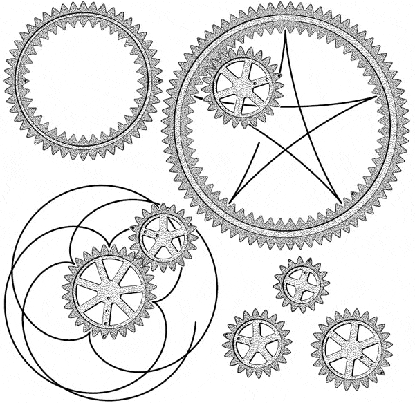 Рис. 95. Спирограф и некоторые кривые, которые можно с его помощью нарисовать.