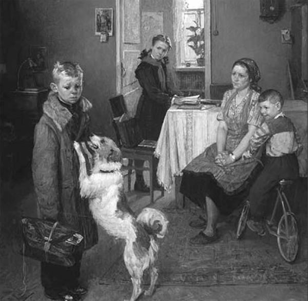 Рис. 5.14. «Опять двойка» H. Решетникова. Во внешности мальчика нет признаков врожденной умственной отсталости. Можно предположить, что он страдает гиперактивностью с дефицитом внимания. Такие дети мешают преподавателям, отвлекая товарищей и самого учителя. Поскольку плохие отметки являются для мальчика эмоционально значимым событием, что можно предположить по его сокрушенному виду, то, постоянно занижая отметки, учитель создает ему неконтролируемую ситуацию. Его цель — вызвать торможение психомоторной активности мальчика во время уроков