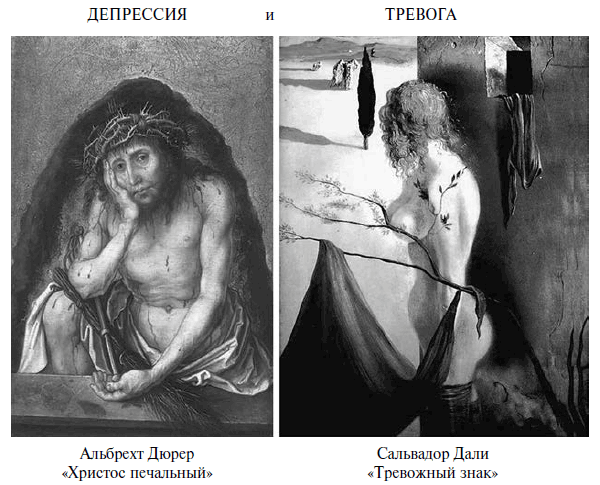 Рис. 5.6. Депрессия и тревога — это два различных состояния («Христос печальный» А. Дюрера и «Тревожный знак» С. Дали). При депрессии значимы прошедшие события, а при тревоге — грядущие. Тревога — это аффект, возникающий в ожидании неопределенной опасности или неблагоприятного развития событий. Тревожный человек ориентирован на свое будущее, а человек в депрессии — на свое прошлое