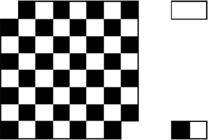 Рис. 1. Сможете ли вы закрыть обрезанную с двух углов доску костяшками домино, каждая из которых закрывает ровно две клетки (вверху справа)? Если вы раскрасите костяшку (внизу справа) и сосчитаете, сколько на доске черных и белых клеток, ответ станет очевиден