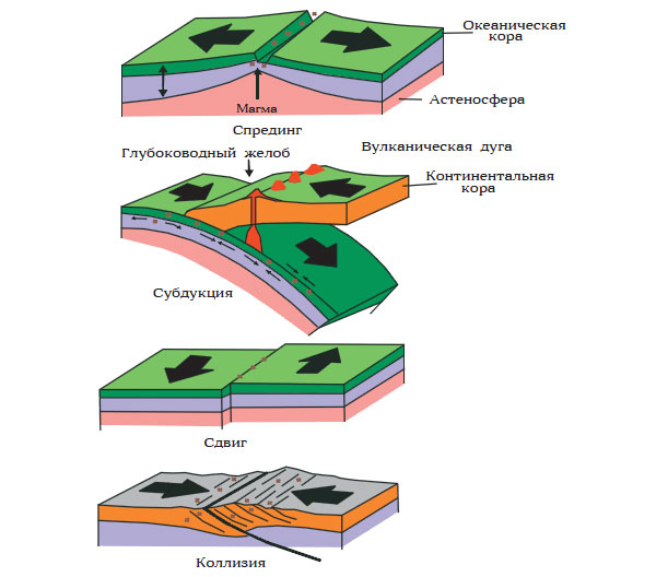 Рис. 1.13. Элементы тектоники литосферных плит\n(Н. В. Короновский, Г. В. Брянцева, 2013)