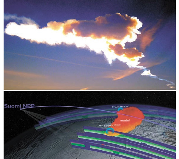 Рис. 3. Вверху: облако пара и пыли, оставленное взрывом Челябинского суперболида. Фото Эльзы Кобелевой (село Петропавловка Кусинского района челябинской области), сделано спустя 4 минуты после взрыва. Внизу: американский спутник «суоми» обнаружил пылевое облако, оставленное болидом в стратосфере. Компьютерная анимация студии научной визуализации NASA (GSFC)