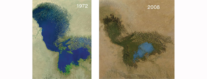В результате бурного развития орошения с 1960-х гг. озеро Чад в Африке уменьшилось до 1/10 своих прежних размеров. Фермеры, пастухи и местные жители из четырех прилегающих к озеру стран нередко яростно сражаются между собой за остатки воды (справа, голубой цвет), а глубина озера составляет сегодня всего лишь 1,5 м. Изображение: «В мире науки»