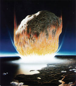 Картина, которую не хотелось бы увидеть: гигантский астероид, напоминающий тот, из-за которого погибли все динозавры. Изображение: «В мире науки»