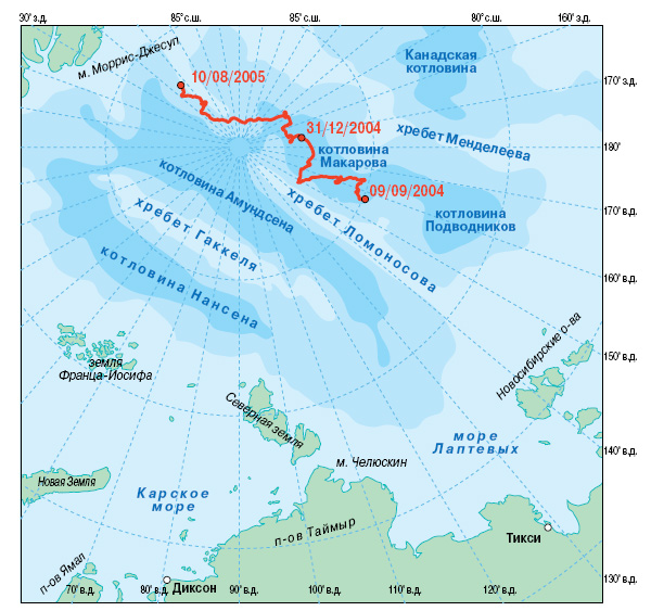 Маршрут дрейфа ледовой станции «Северный полюс-33» с 9 сентября 2004 года по 23 марта 2005 года пролегал над котловинами и подводными хребтами Северного Ледовитого океана. Изображение: «Наука и жизнь»