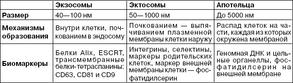 Характеристики экзосом, микровезикул и апоптозных телец