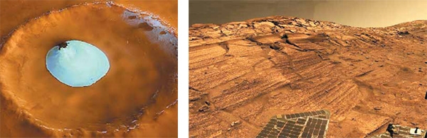 Рис. 25. Ледяная линза на дне 35-километрового кратера, расположенного в полярной зоне. Вал кратера круглый год защищает лёд от прямых солнечных лучей. Фото ESA, 2005 год. Рис. 26. Поверхность Марса в районе работы аппарата «Опортьюнити». На первом плане солнечные батареи аппарата. Фото NASA, 2008 год. Изображение: «Наука и жизнь»
