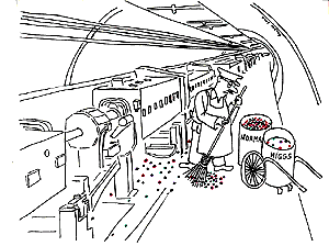 Этот рисунок иллюстрирует ту порой скучную и даже черную работу, которую должны выполнить физики, чтобы выделить редкие события из всей статистики. На самом деле зачастую вообще невозможно достоверно сказать, родилась или нет интересующая нас частица в каждом конкретном событии. Осмысленную информацию можно извлечь только из всей статистики в целом. (Artwork: CERN. Рис. с сайта www.exploratorium.edu)