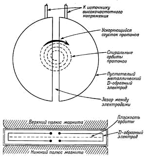 Циклотрон американского физика Э. Лоуренса (1901–1958), схема и внешний вид вакуумной камеры со снятой крышкой. На снимке видны ускоряющие электроды — дуанты (изображение: «Наука и жизнь»)