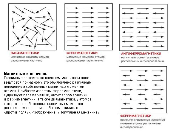 <b>Магнитные и не очень</b><br>Различные вещества во внешнем магнитном поле ведут себя по-разному, это обусловлено различным поведением собственных магнитных моментов атомов. Наиболее известны ферромагнетики, существуют парамагнетики, антиферромагнетики и ферримагнетики, а также диамагнетики, у атомов которых нет собственных магнитных моментов (во внешнем поле они слабо намагничиваются «против поля»). Изображение: «Популярная механика»