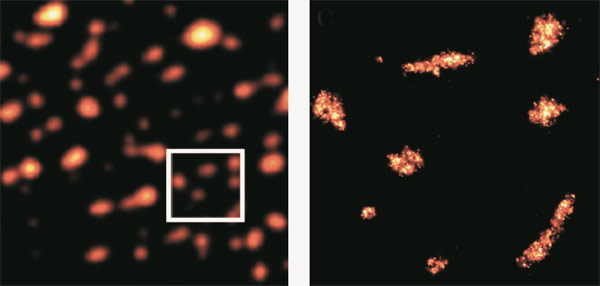 <b>Рис. 6.</b> Сравнение изображения, полученного с помощью обычного микроскопа (<i>слева</i>) и одним из методов оптического сверхразрешения (<i>справа</i>). Сторона правого изображения соответствует 2,5 мкм. Это приблизительно в 10–12 раз больше, чем величина λ/(2<i>n</i> sin <i>u</i>) для используемого объектива и длины волны света. Область, которая со сверхразрешением изображена на правом рисунке, на левом рисунке выделена квадратом. Изображение: «Квант»