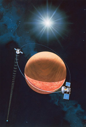 Вулканы Венеры. Радиолокационная съемка, проведенная аппаратом Magellan, показала, что планета изобилует вулканами (не ясно, действующими или нет). На рисунке слева - европейская станция Venus Express на орбите Венеры. Изображение: «Популярная механика»