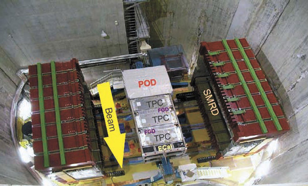 Рис. 2. Ближний нейтринный детектор. POD — детектор нейтральных пионов; TPC — время-проекционные камеры; FGD— сегментированные сцинтилляционные детекторы; Ecal — электромагнитный калориметр; SMRD — детектор пробега мюонов. Магнит, который использовался ранее в экспериментах UA1 и NOMAD в ЦЕРНе, создает магнитное поле 0,2Т. Изображение: «Троицкий вариант»