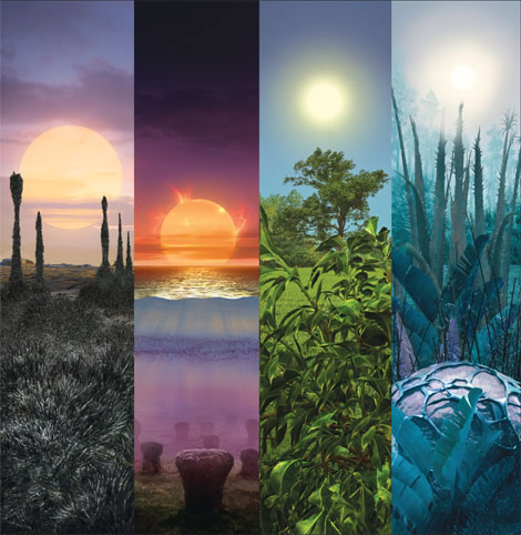 Красная Земля, зеленая Земля, синяя Земля. Звезды спектрального класса М (красные карлики) светят слабо, поэтому растения на землеподобных планетах вблизи них должны быть черными, чтобы поглощать как можно больше света (первая панель). Молодые М-звезды опаляют поверхность планет ультрафиолетовыми вспышками, поэтому там организмы должны быть водными (вторая панель). Наше Солнце относится к классу G (третья панель). А вблизи звезд класса F растения получают слишком много света и должны отражать значительную его часть (четвертая панель). Изображение: «В мире науки»