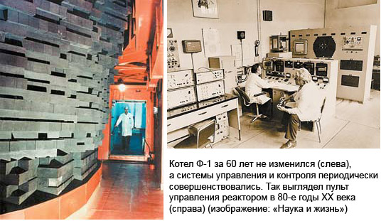 Котел Ф-1 за 60 лет не изменился (вверху), а системы управления и контроля периодически совершенствовались. Так выглядел пульт управления реактором в 80-е годы ХХ века (внизу) (изображение: «Наука и жизнь»)