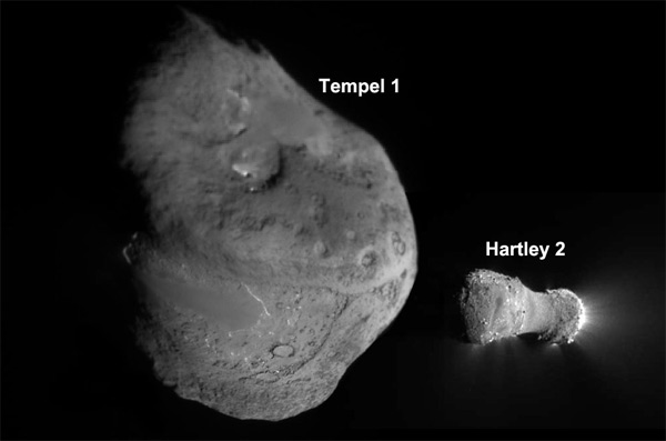 Сравнение размеров ядер комет Хартли-2 (справа) и Темпель-1, которые исследовал аппарат Deep Impact соответственно в 2010 и 2005 годах. Фото ©NASA/JPL-Caltech/UMD/McREL