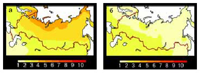 Рис. 4. Изменения температуры воздуха (в грвдусах С) у Земли зимой (а) и летом (б) на территории России в середине XXI века (2041–2060 гг.). Здесь и далее расчеты выполнены по ансамблю из 16 моделей, участвовавших в оценке изменений климата при подготовке 4-го Доклада МГЭИК; изменения подсчитывались по отношению к базовому периоду 1951–1970 гг. (Рис.: «Химия и жизнь»)