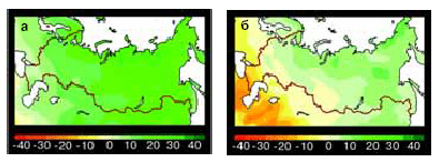 Рис. 5. Изменения количества осадков (%) зимой (а) и летом (б) (Рис.: «Химия и жизнь»)