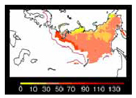 <b>Рис. 6</b> Изменения глубины протаивания многолетнемерзлых грунтов (в сантиметрах) для августа середины XXI века. Красной линией обозначена граница многолетнемерзлых грунтов во второй половине ХХ века. (Рис.: «Химия и жизнь»)