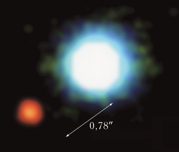 Планета 2M1207b (слева) — первое в истории изображение экзопланеты. Она имеет массу от 3 до 10 МЮ и обращается вокруг коричневого карлика массой 25 МЮ. Угловое расстояние между ними составляет 0,781, что на расстоянии до этой системы в 173 световых года соответствует линейному расстоянию 41 а.е. (примерно как от Солнца до Плутона). Снимок получен в ближнем ИК-диапазоне на 8,2-метровом телескопе Европейской южной обсерватории (Чили) в 2004 году