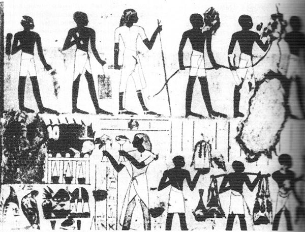 Изображение на могиле Джесеркере-сонб в Фивах (Верхний Египет). Датируется 1567–1310 гг. до н.э. На верхней части изображена процедура установления границ земельных участков. Характерно, что математические знания египтян, носящие форму рецептов для решения практических задач, развиваются параллельно с требованием в искусстве пытаться дать возможно наиболее детальное воспроизведение изображаемого предмета. Изображение: «Природа»