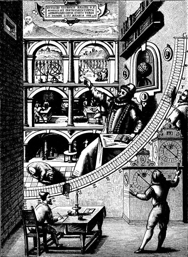 Большой квадрант — один из самых крупных астрономических инструментов того времени. Шкала поделена на множество мелких делений, что давало возможность очень точно измерять высоту светил над горизонтом. Квадрант украшен портретом Браге, указывающего рукой на щель в стене, через которую ведутся наблюдения, а на заднем плане — разрез замка Ураниборг. Обратите внимание на методику измерений: наблюдателю, замеряющему высоту над горизонтом, помогают два ассистента — один засекает время, второй записывает результаты. Изображение с сайта en.wikipedia.org