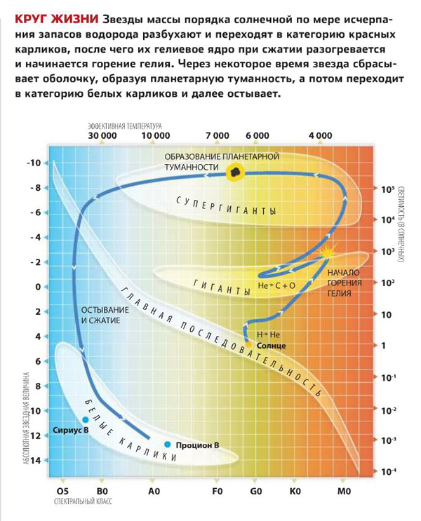 Круг жизни. Звезды массы порядка солнечной по мере исчерпания запасов водорода разбухают и переходят в категорию красных гигантов, после чего их гелиевое ядро при сжатии разогревается и начинается горение гелия. Через некоторое время звезда сбрасывает оболочку, образуя планетарную туманность, а потом переходит в категорию белых карликов и далее остывает. Изображение: «Популярная механика»