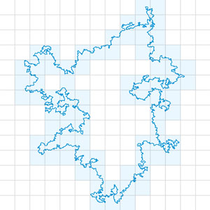 На плоскую ограниченную кривую накладывается «измерительная» сетка из L×L квадратиков