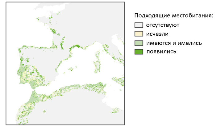 Рис. 5. Изменения в пригодности разных мест для зимовки степного конька