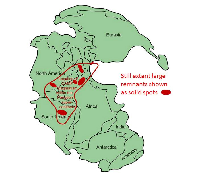 Рис. 2. Расположение сохранившихся до настоящего времени фрагментов Центрально-Атлантической магматической провинции в пределах Пангеи