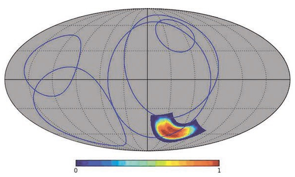 Рис. 2. Карта неба, где изображены поле зрения BICEP2 и оболочки пузырей