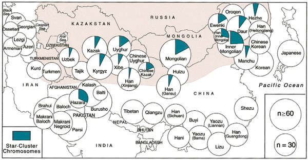 Хромосома Чингисхана (из статьи Zerial et al., 2003). <i>Диаметр кружков</i> соответствует числу представителей народов, включенных в исследование, <i>закрашенный сектор</i> — частоте встречаемости той самой хромосомы. <i>Закрашенная область</i> — территория империи Чингисхана к моменту его смерти (1227)