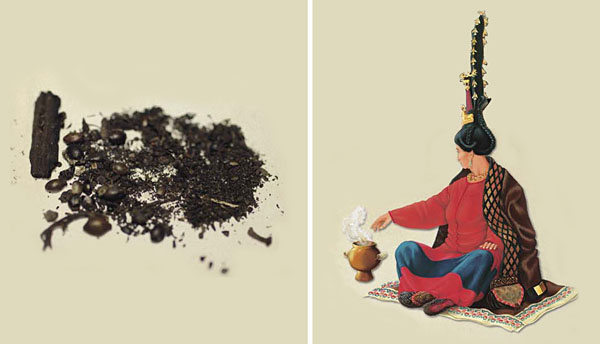 Обугленные семена и веточки конопли в медном котелке из 2-го пазырыкского кургана («Наука из первых рук» №2(62), 2015)