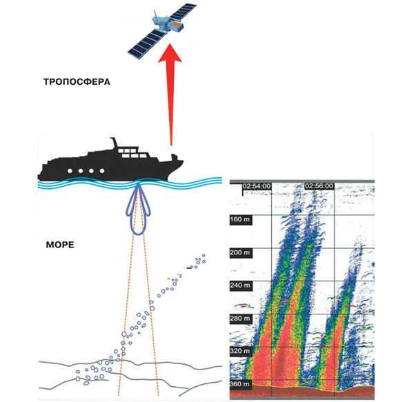 Схема метода эхолокации для обнаружения потоков метана и пример эхограммы («Наука и жизнь» №8, 2016)