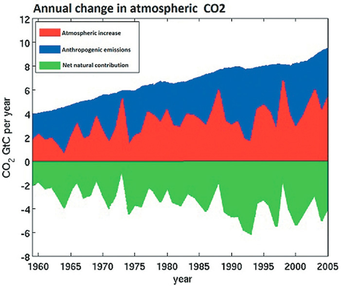 Ежегодные изменения в атмосферном CO<sub>2</sub> (с сайта skepticalscience.com). <i>Красным</i> показан естественный атмосферный рост СО<sub>2</sub>, <i>синим</i> — антропогенные выбросы, и <i>зеленым</i> (в отрицательной шкале) — количество естественного СО<sub>2</sub>, поглощенного природными резервуарами («ТрВ» №13(232), 04.07.2017)