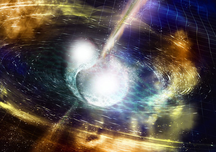 Столкновение нейтронных звёзд. Иллюстрация: NSF / LIGO / Sonoma State University / A. Simonnet («Наука и жизнь» №1, 2018)
