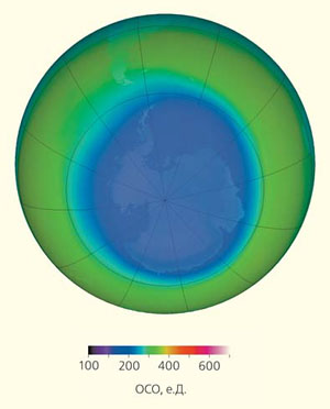 Среднее содержание озона над Южным полушарием в сентябре 2015 г. («Природа» №10, 2016)