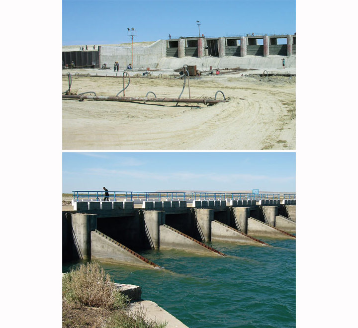 13-километровая дамба и плотина с гидротехническим затвором (вверху), построенные Казахстаном в 2005 г., спасли Малый Арал, прекратив отток воды по пересыхающим, ведущим в никуда каналам. С тех пор наблюдается повышение уровня воды и рост рыбных популяций (внизу). Гидротехнический затвор, законченный в ноябре того же года, позволяет пропускать лишнюю воду для регулирования уровня водоема. Уже к следующему лету вода в Малом Арале поднялась на 2 м. Изображение: «В мире науки»