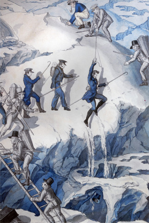 Рис. 9. Переход ледника Ф. И. Хуги и его компаньонами в 1830 году (акварель М. Дистели). © Музей естественной истории, г. Невшатель