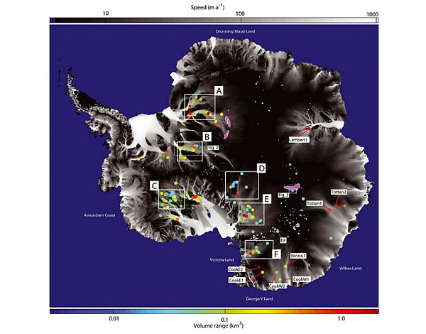 Местоположение и объем основных подледных озер Антарктиды (по Smith et al., 2009); цвет соответствует объему озер (км куб.), градиентом черного обозначены скорости движения льда (м/год)
