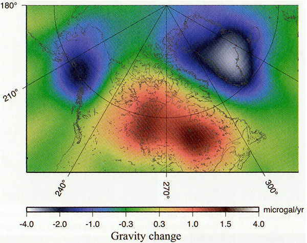 Изменения гравитации в Северной Америке и Гренландии с 2003-го по 2007 гг., согласно данным GRACE, в связи с интенсивным таянием ледников в Гренландии и на Аляске (голубой цвет), и гляциоизостатическим поднятием (красный), следующим за таянием древнего Лаврентийского ледового щита (по Heki, 2008)