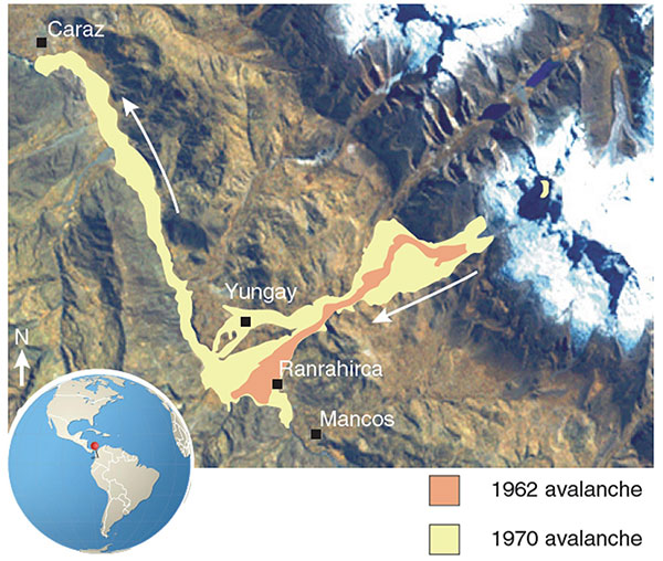 Траектории движения ледовых лавин Nevados Huascarán 1962 и 1970, Перу (по UNEP’s DEWA/GRID-Europe, Geneva, Switzerland)