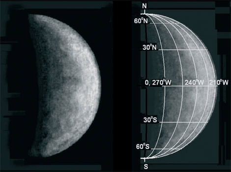 Рис. 9. Поверхность Меркурия в секторе долгот 210–285° з.д. Изображение получено методом корреляционного совмещения нескольких тысяч исходных электронных снимков, полученных в наземных наблюдениях, без участия космического аппарата. Изображение: «В мире науки»