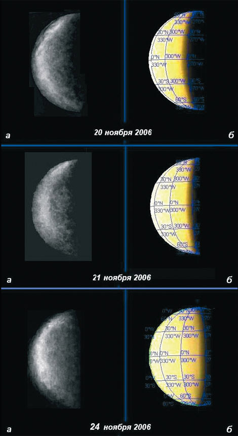 Рис. 11. Изображения (а), синтезированные на основе наблюдений 20, 21 и 24 ноября 2006 г., и (б) соответствующие фаза и положение планеты. Угол фазы составлял 103–80°соответственно. 21 ноября 2006 г. условия освещения Бассейна Скинакас были наиболее благоприятными. Изображение: «В мире науки»